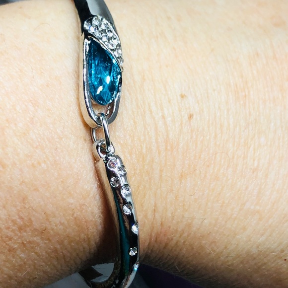 Silver Bangle Bracelet with Blue Topaz CZ - Picture 5 of 7
